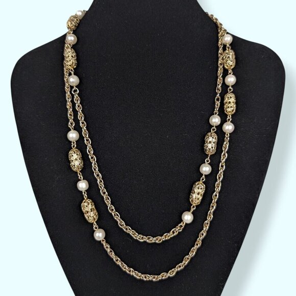 Vintage Sarah Cov Faux Pearl Rope Chain Necklace - Picture 1 of 5